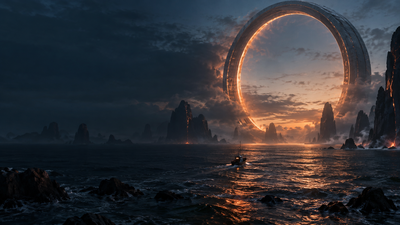 A glowing orange ring above a dark volcanic sea